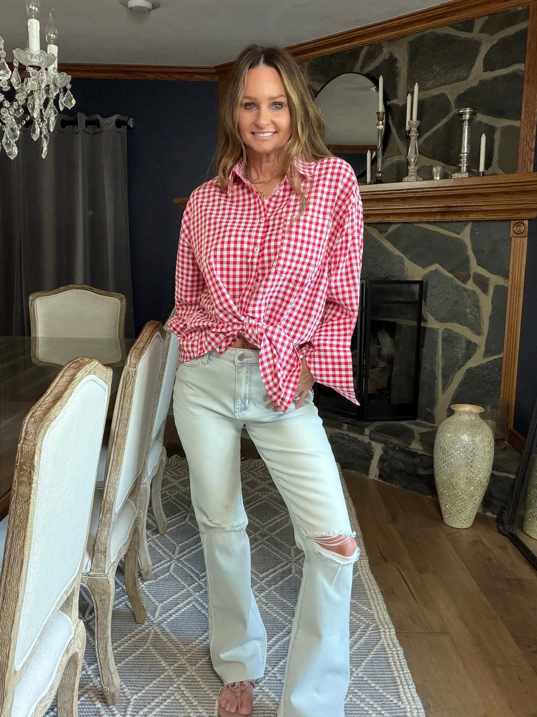Red gingham button down shirt 4th of July Americana