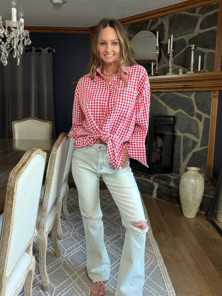 Red gingham button down shirt 4th of July Americana