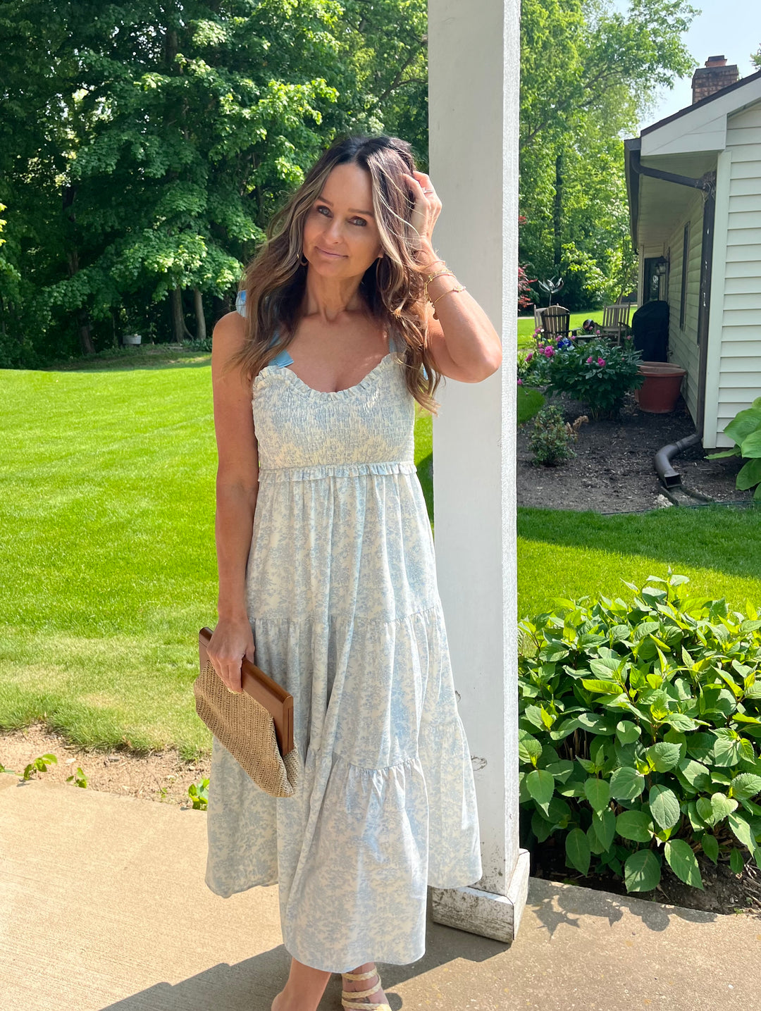 Blue and cream floral maxi dress with ribbon tie shoulder straps
