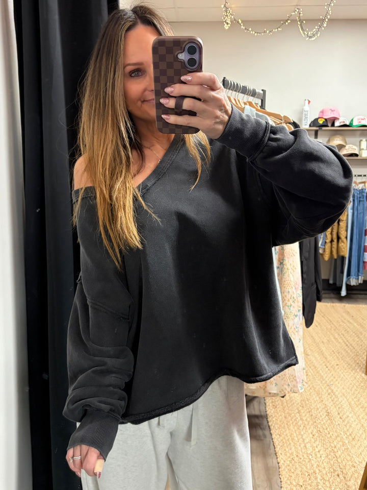 Washed black Free People inspired v-neck oversized sweatshirt