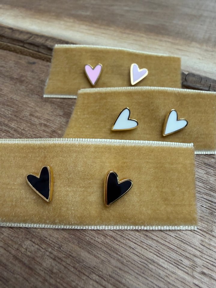 Enamel heart shaped stud earrings gold