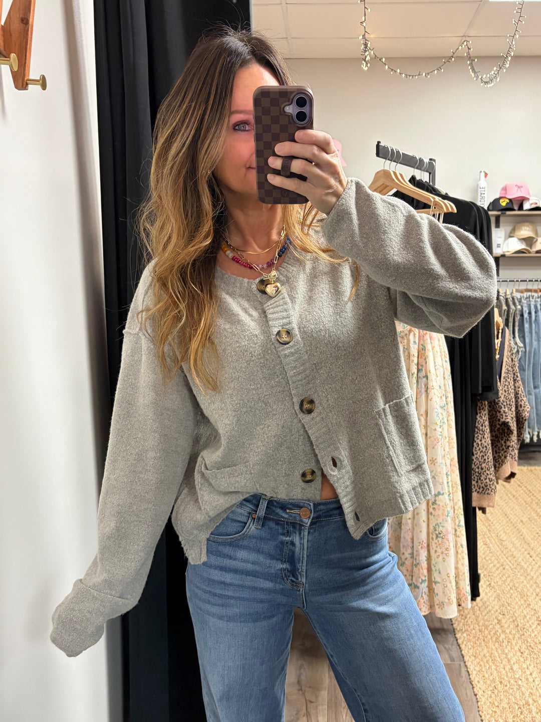 Light grey button up cardigan sweater