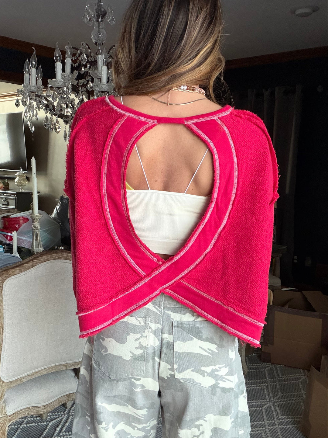 Crimson / red open back oversized long sleeved top / free people style