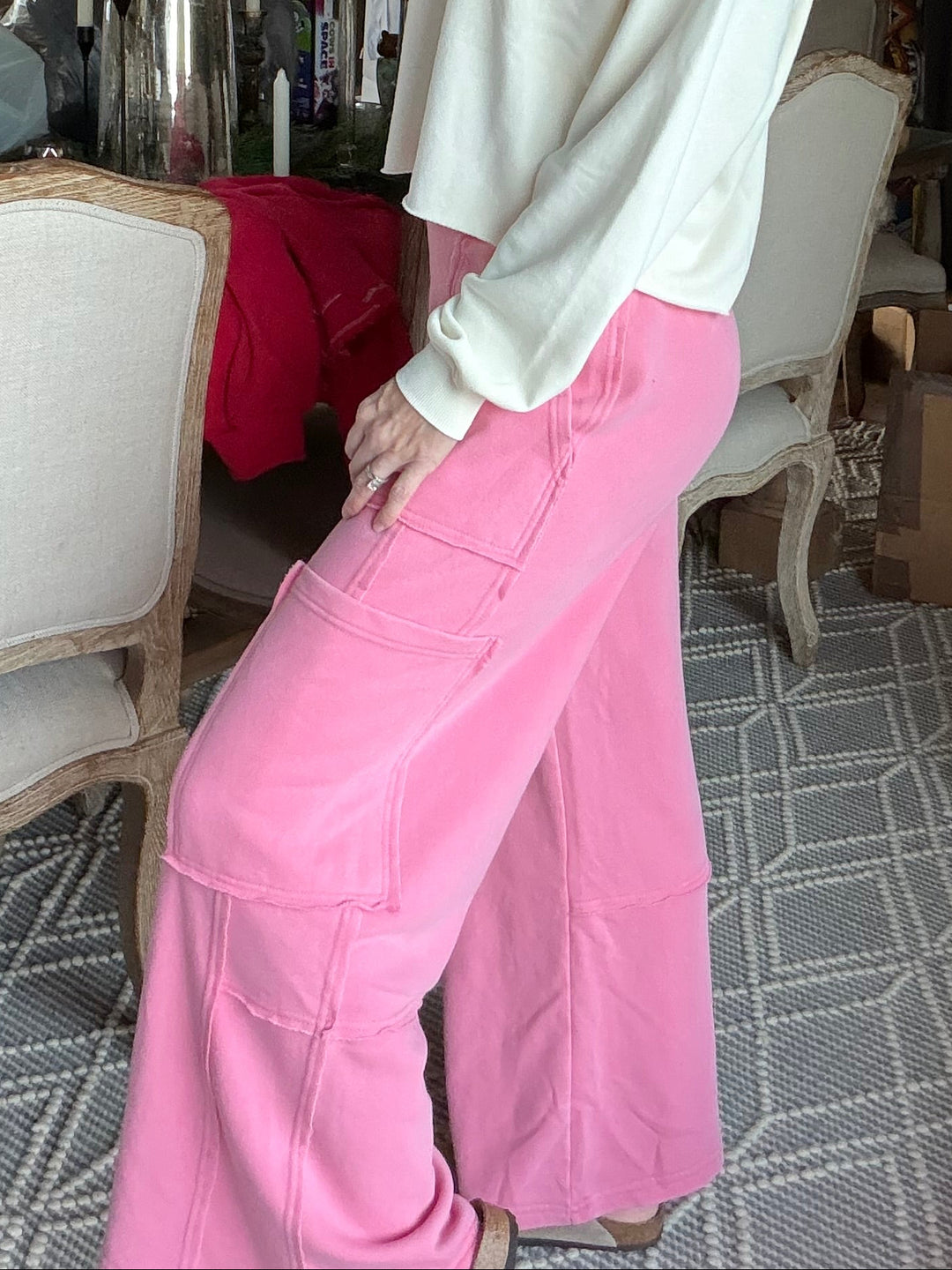 Pink mineral wash cargo lounge pants