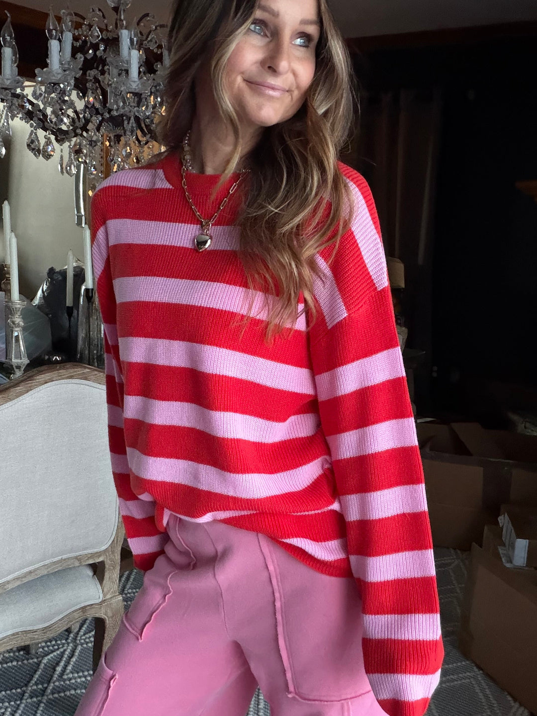 Red and pink horizontal striped lightweight  sweater