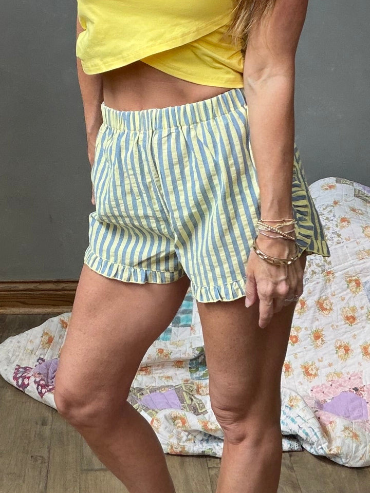 Striped shorts, blue and butter yellow, with ruffle trim
