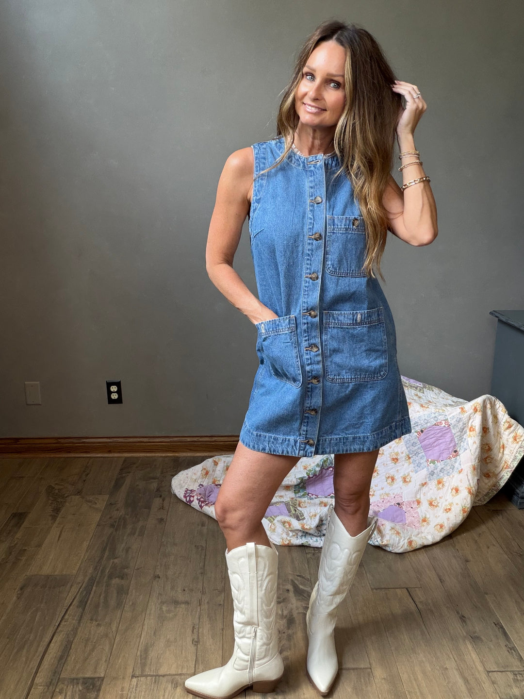 Sleeveless denim button up mini dress