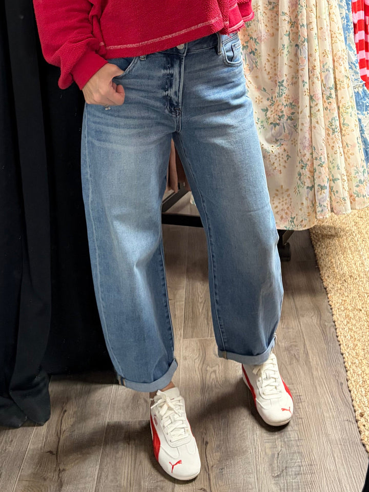 Medium wash denim Risen jeans mild barrel with rolled cuff ankle length