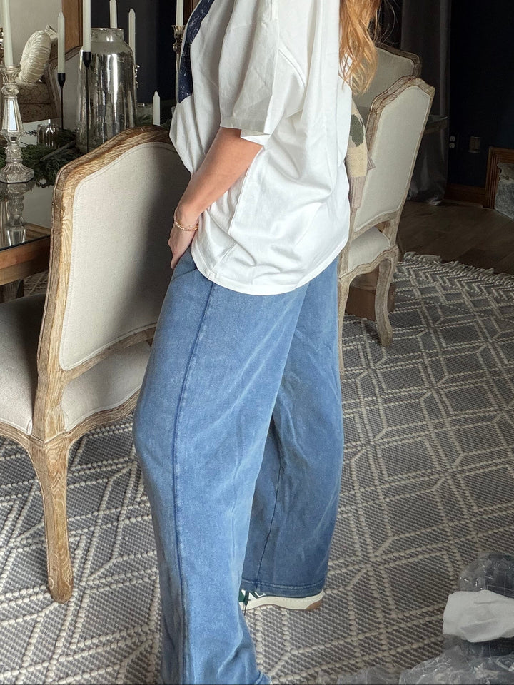 Navy French Terry Wide Leg Lounge Pants