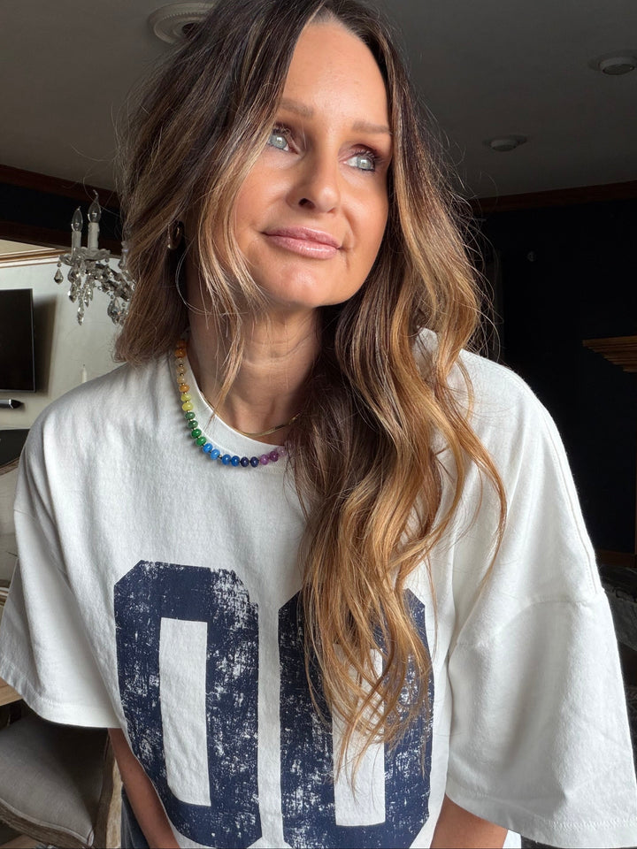 Double zero white graphic long oversized tee with 00 graphic varsity style