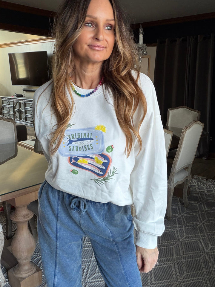 White crewneck with sardine graphic
