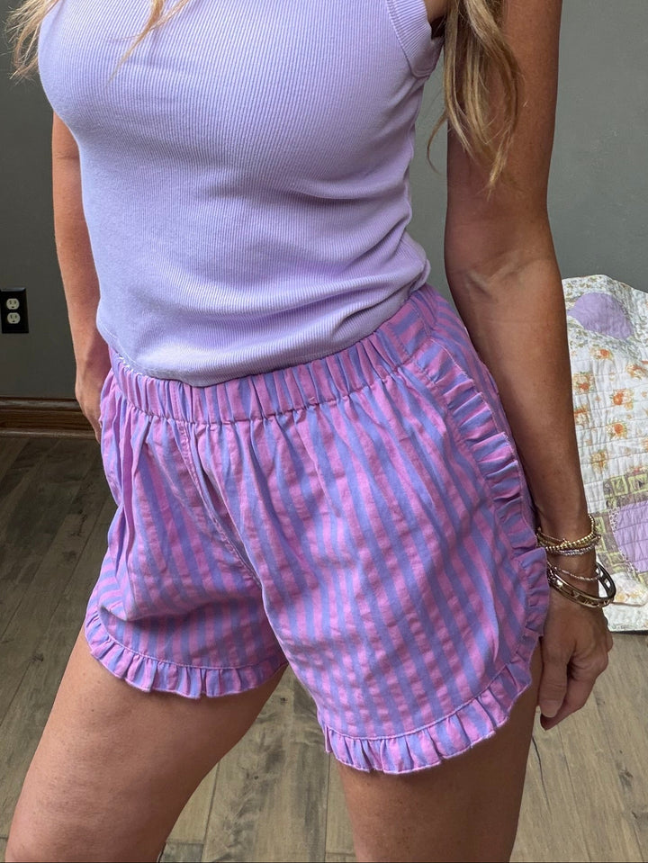 Purple striped cotton shorts with ruffles