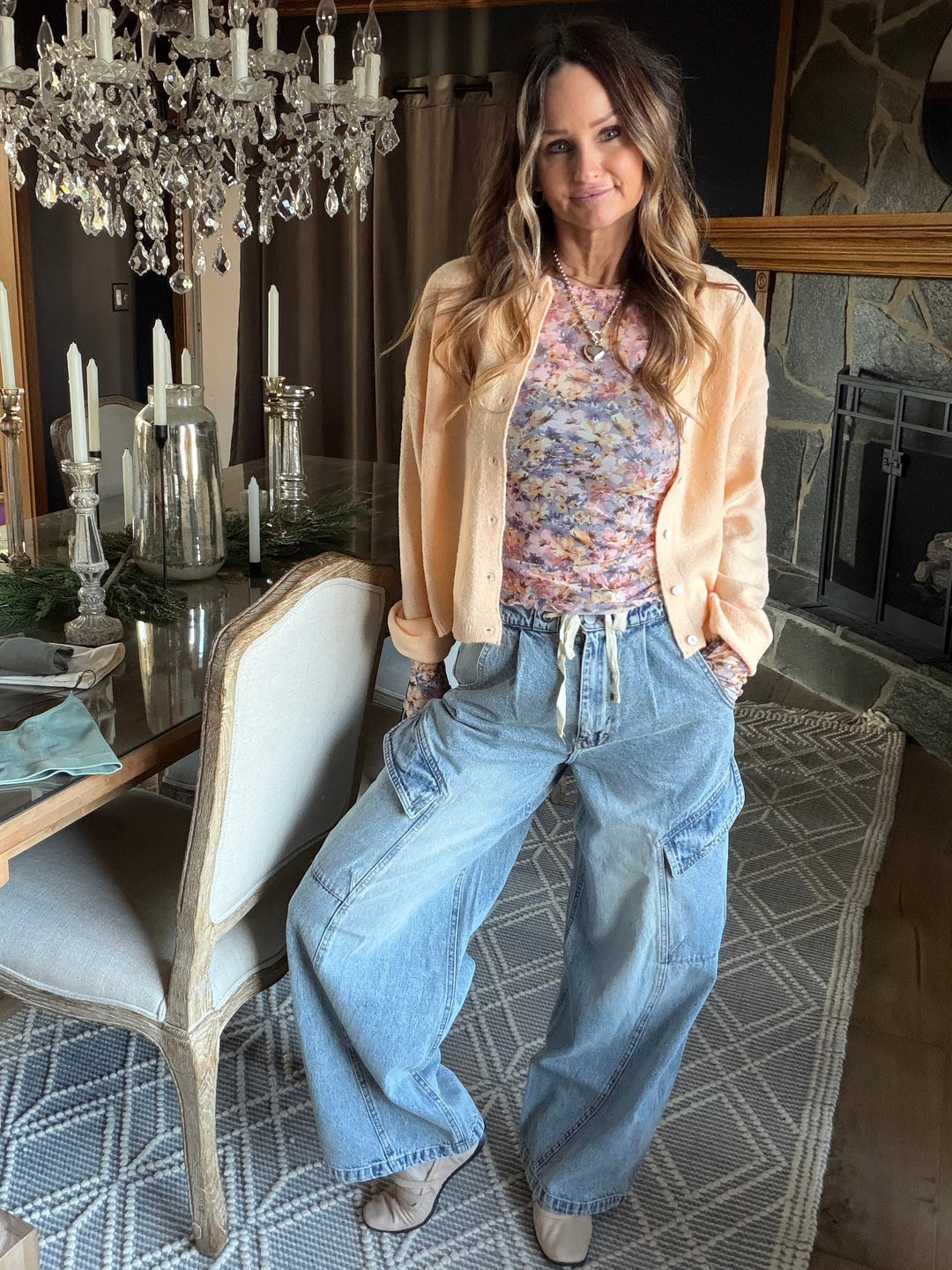 High Rise Barrel Leg Cargo Denim Pants