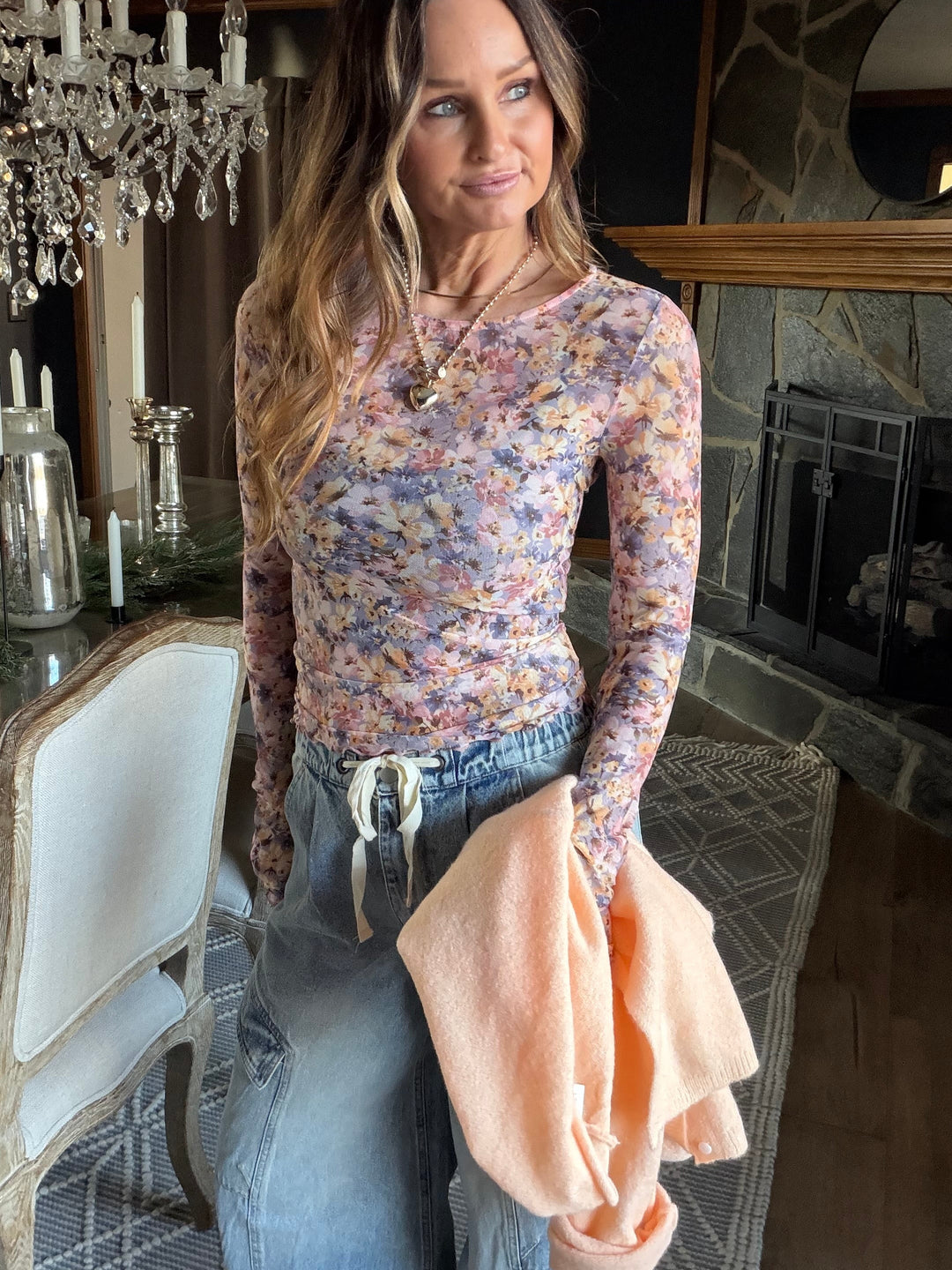 Floral Mesh Top with Thumbholes