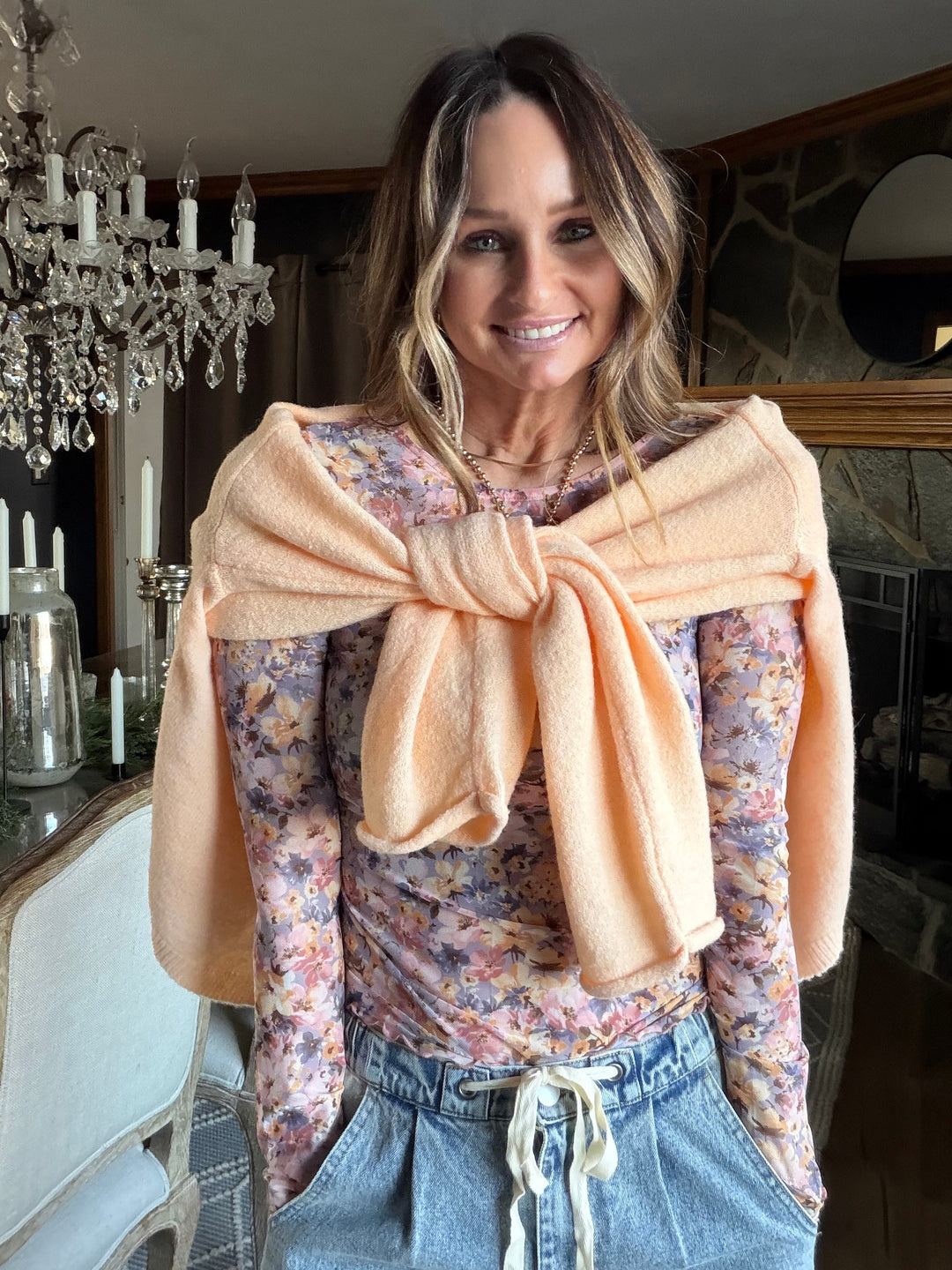 Apricot Lightweight Crew Neck Cardigan