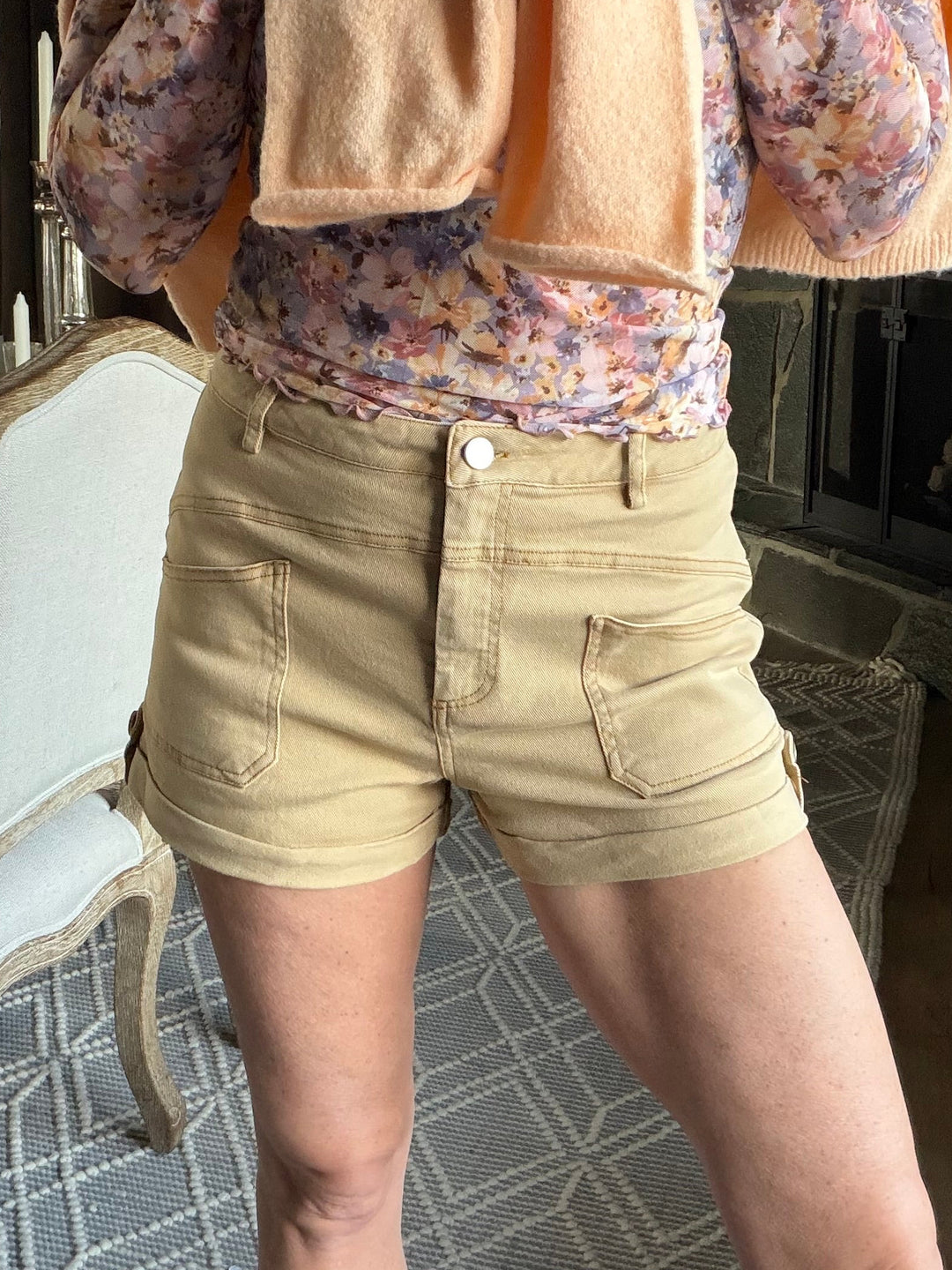 High Waisted Tan Stretch Twill Shorts