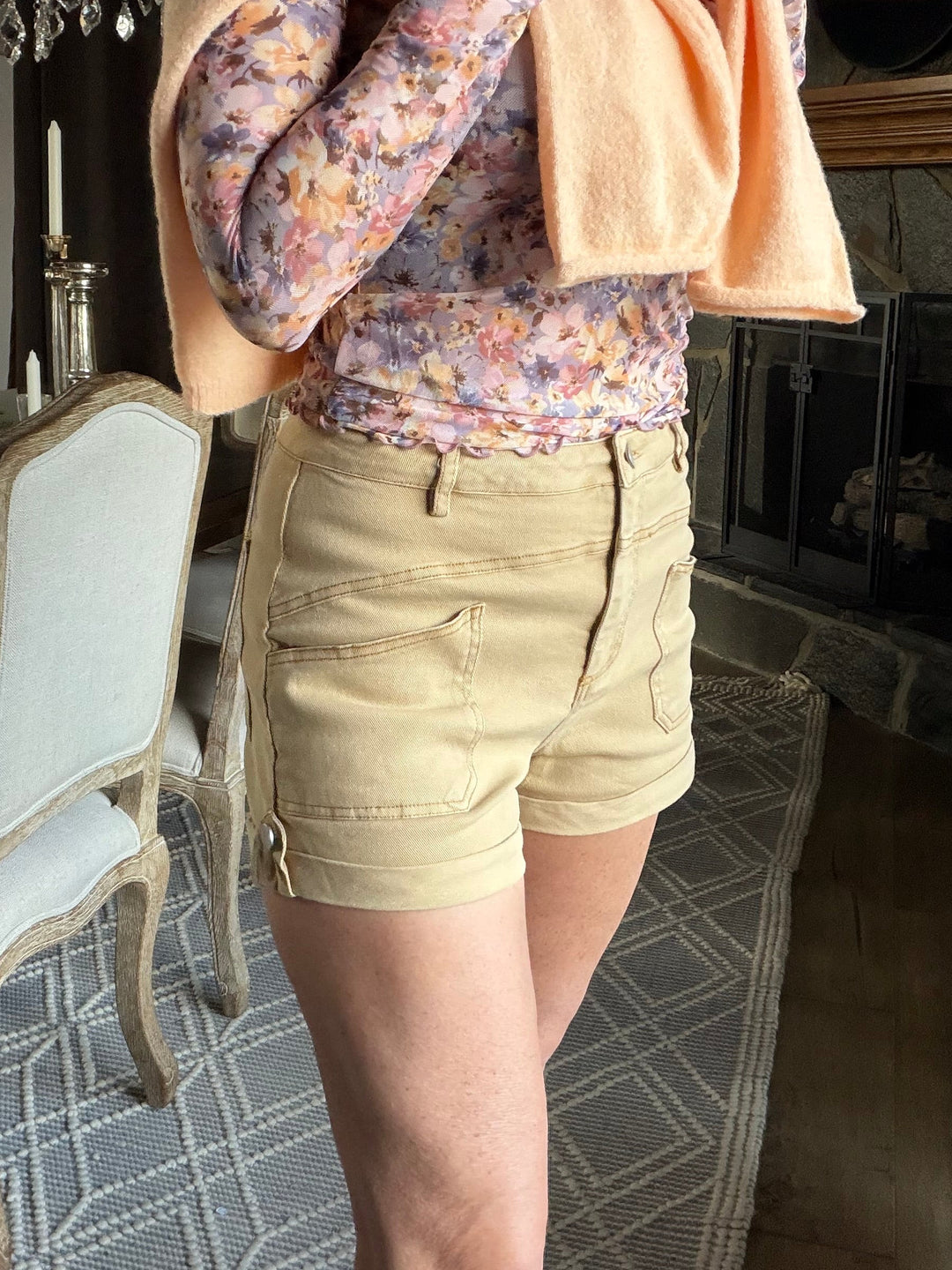 Tan cotton twill shorts rolled cuff