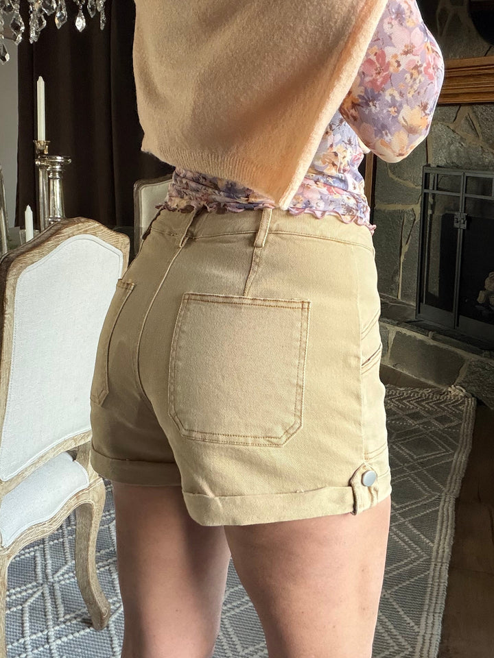 High Waisted Tan Stretch Twill Shorts