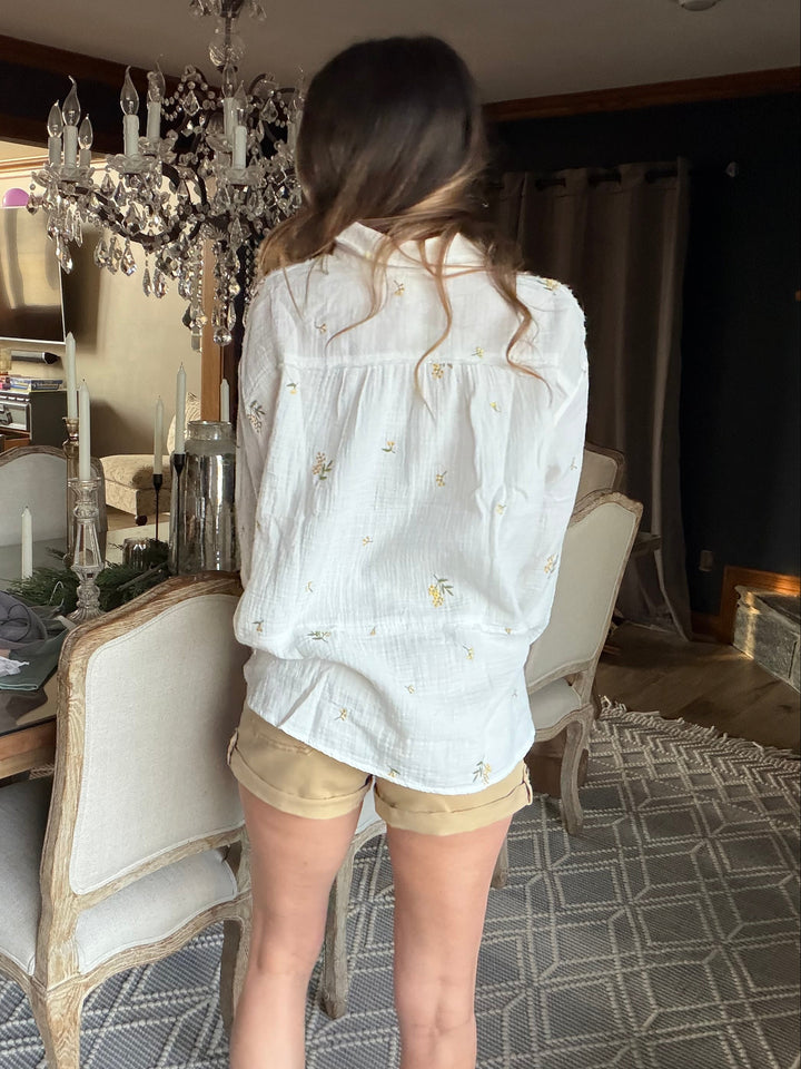 White Embroidered Gauze Collared Top