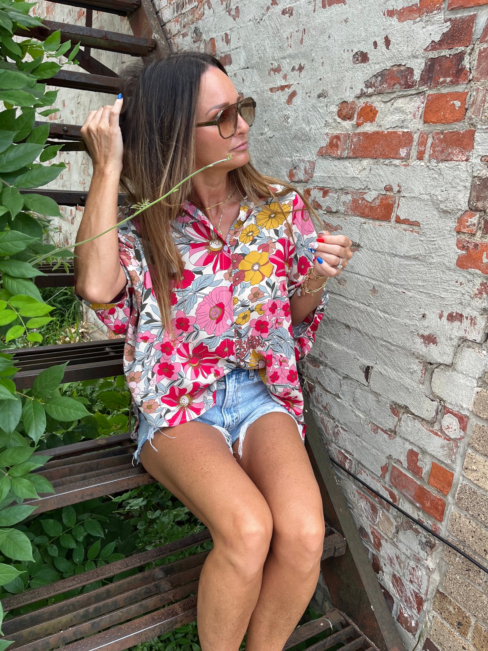 Button down floral rayon top oversized and blousy