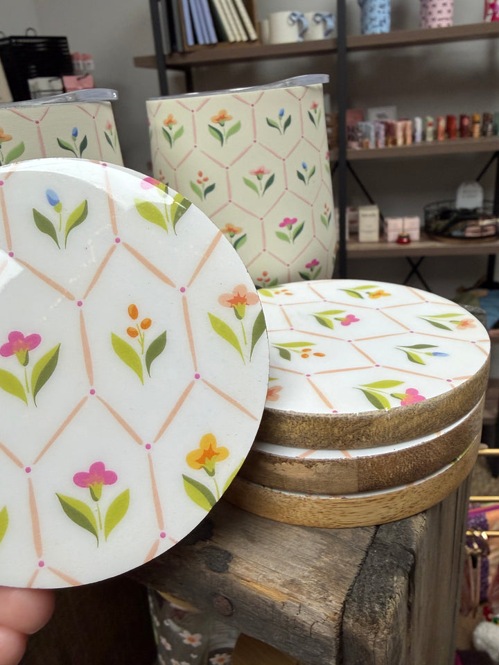 Mango wood drink coasters with floral enamel surface