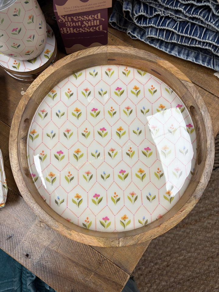Round bamboo wood tray with floral enamel surface