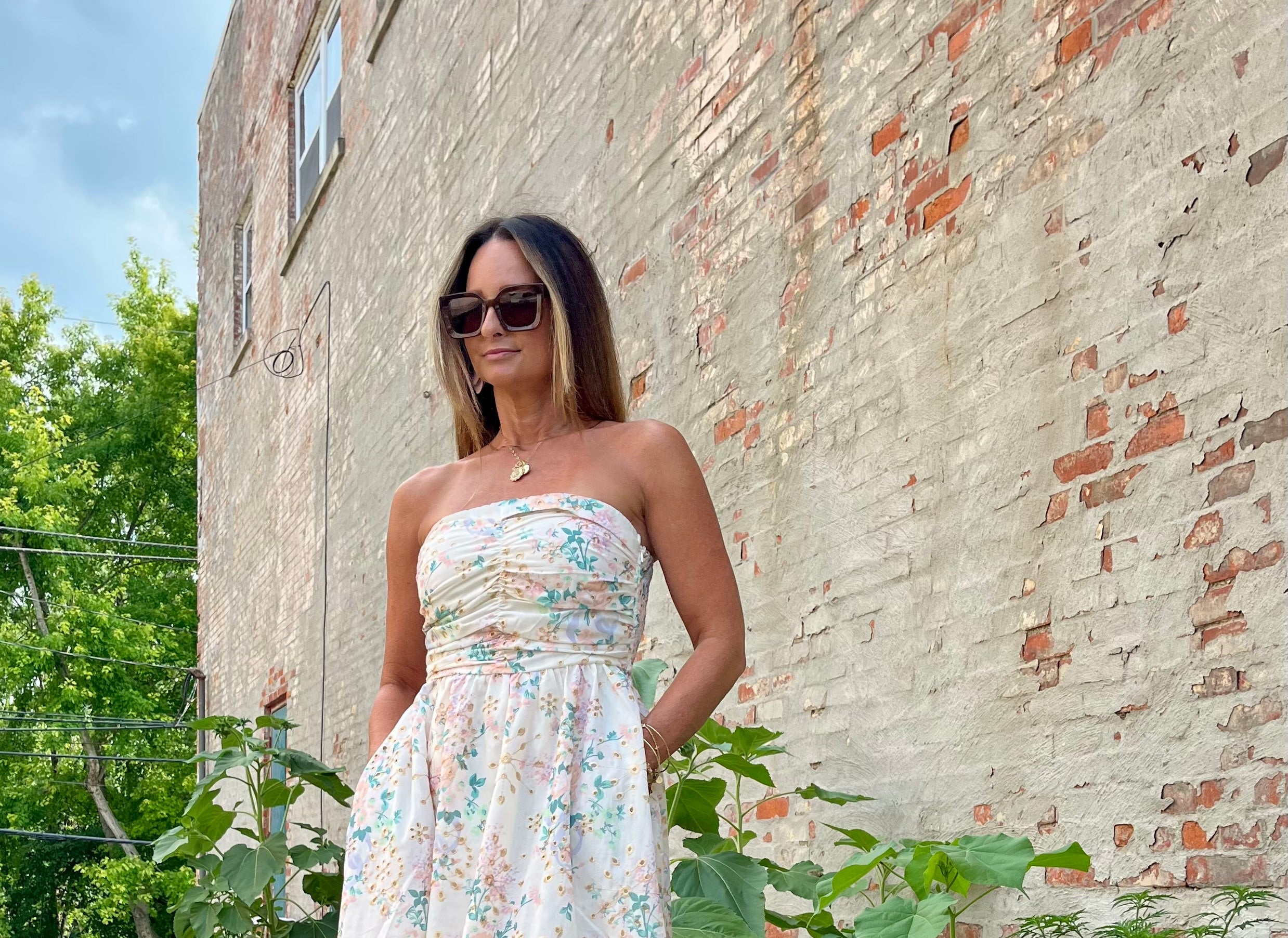 Strapless floral maxi dress with eyelets