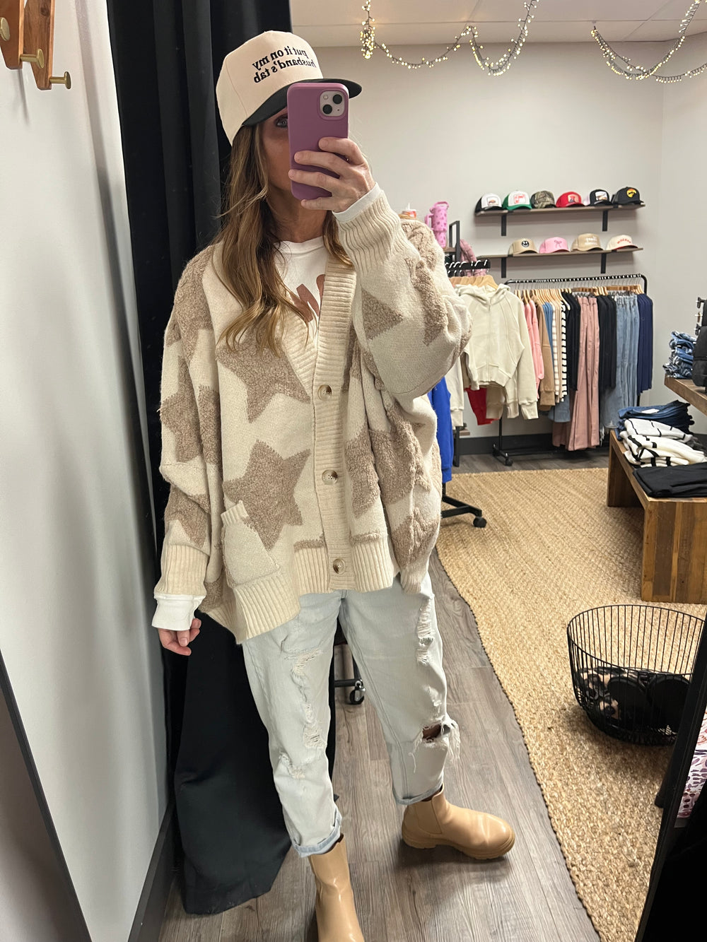 Cream sweater cardigan with taupe stars