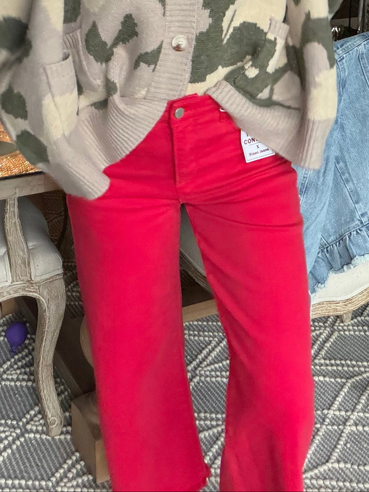 Scarlet red Risen jeans cropped frayed hem high rise