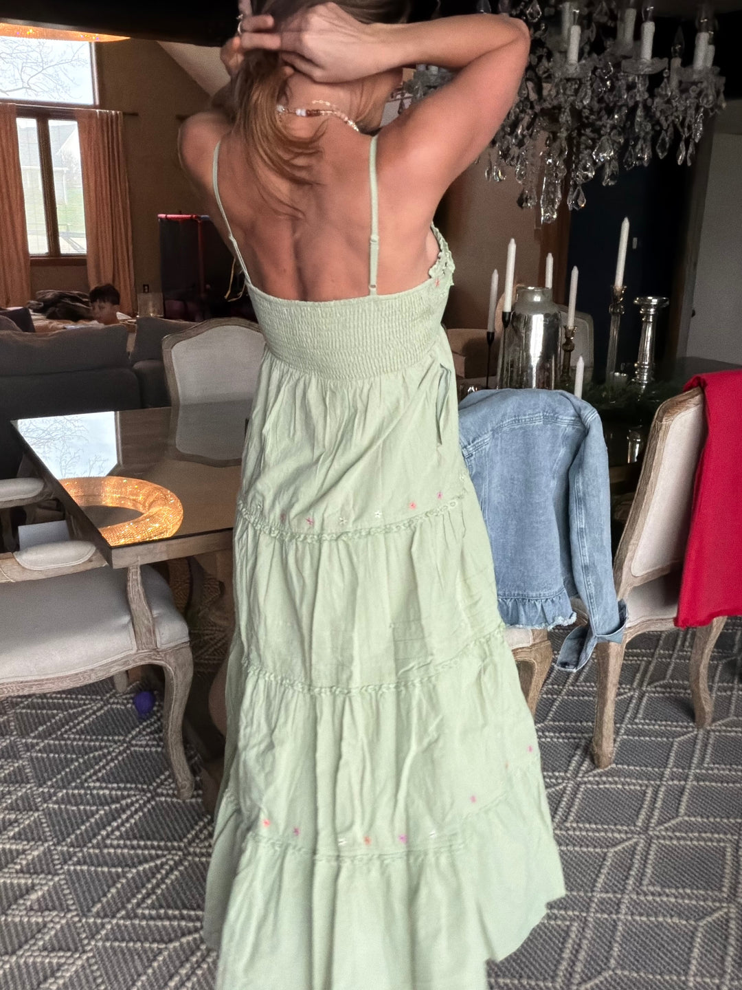 Light sage cotton maxi dress with dainty floral embroidery 