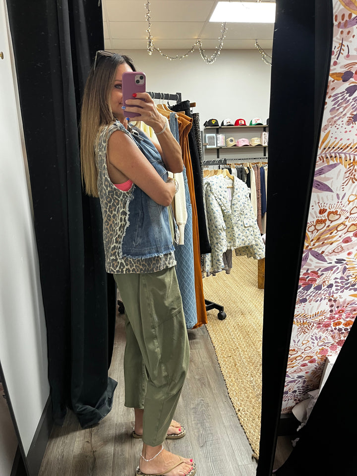 Leopard and denim zip up sleeveless jacket