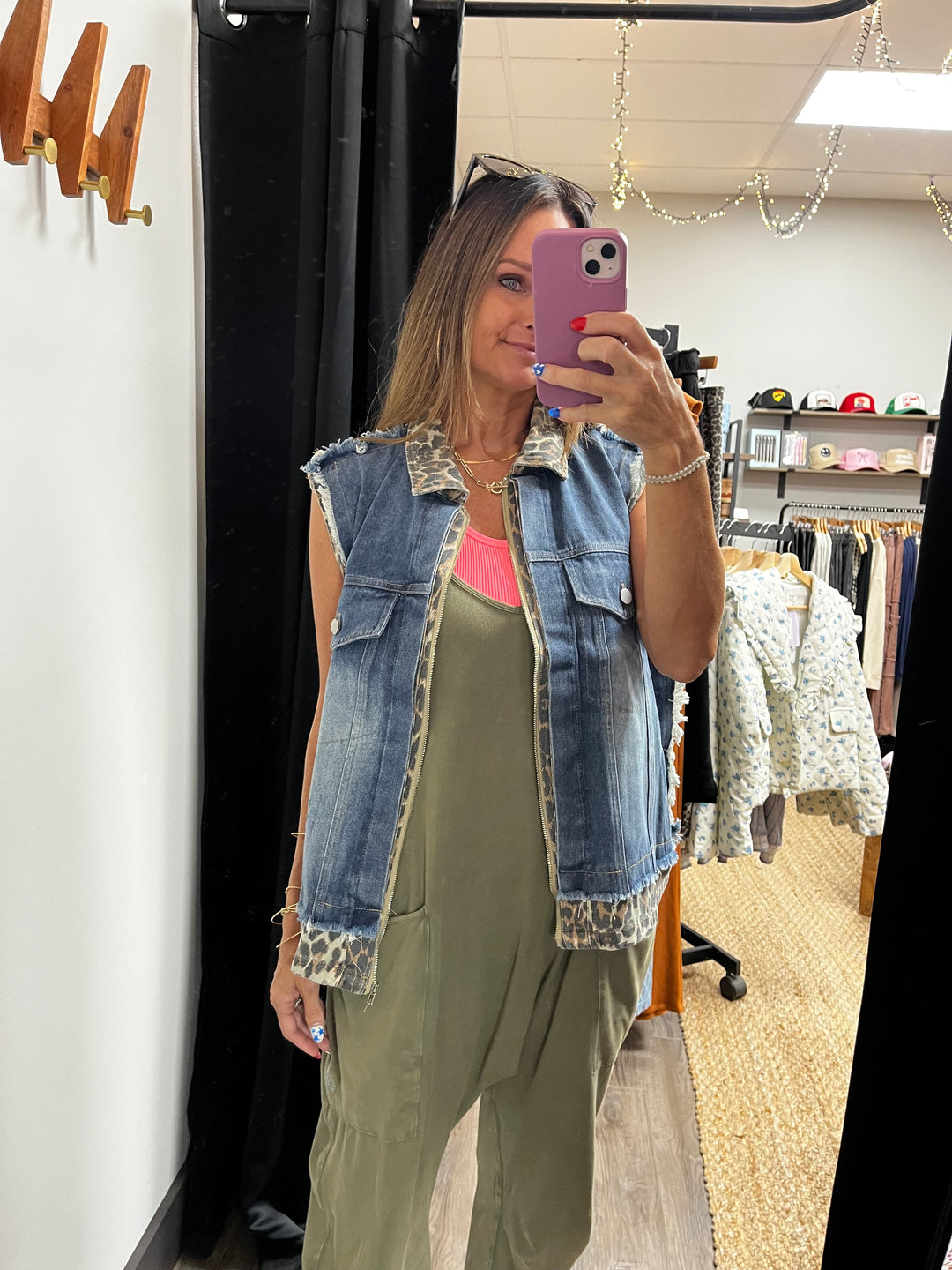 Leopard Sleeveless Denim Jacket