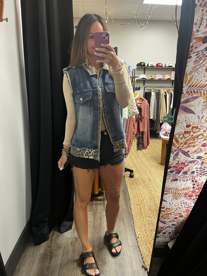 Leopard Sleeveless Denim Jacket