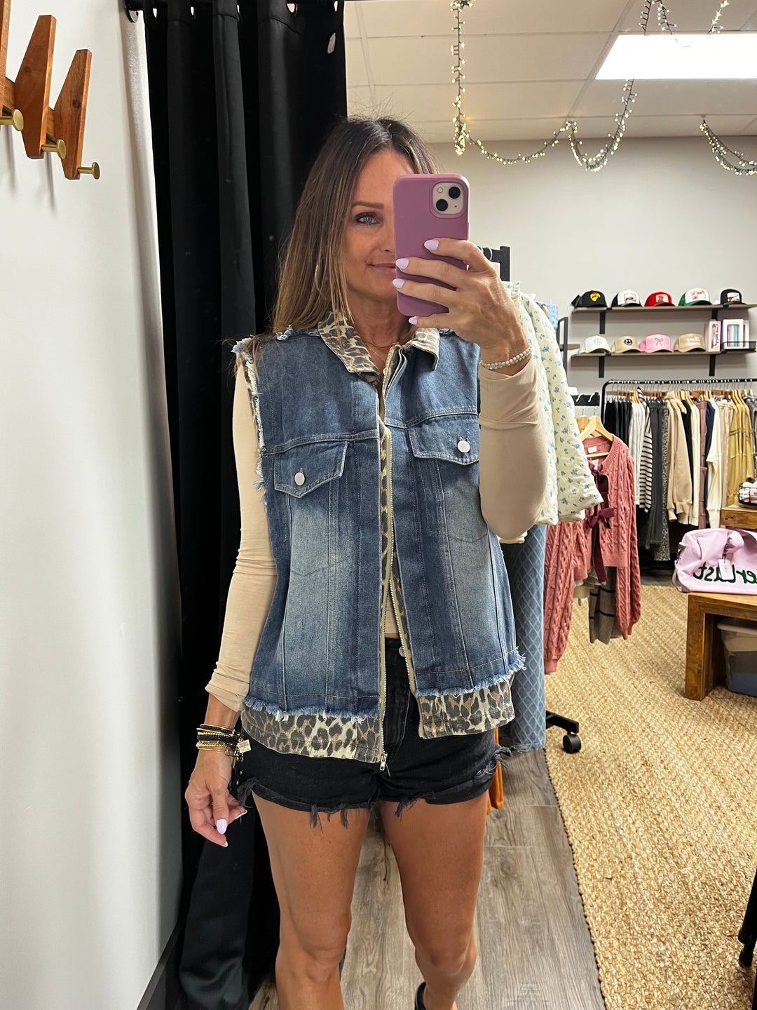 Leopard Sleeveless Denim Jacket