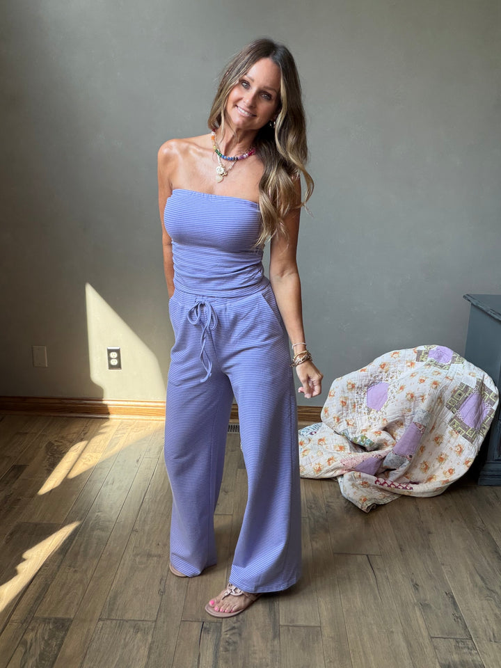 lavender strapless tube top and matching wide-leg drawstring pants set