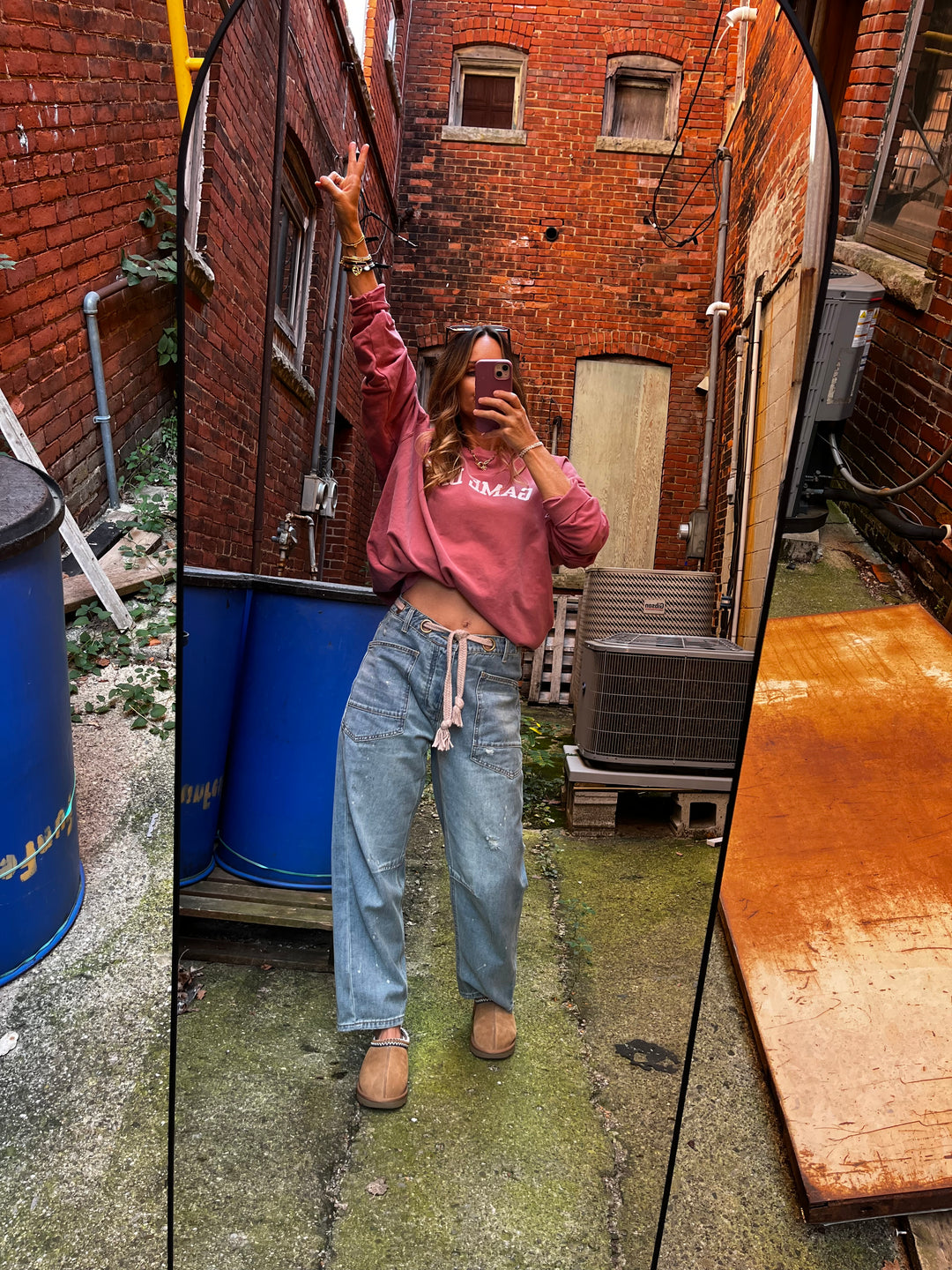 Barrel jeans medium wash paint splattered free people dupe rope belt