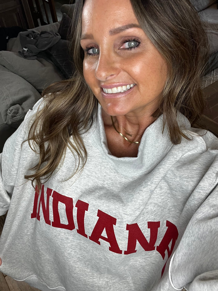 Gray reversible Indiana mock neck sweatshirt, oversized, thick fabric, Hoosier pride