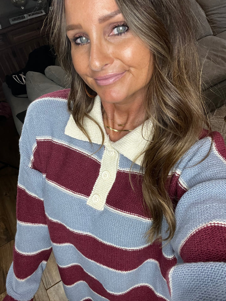 Burgundy and blue striped rugby sweater