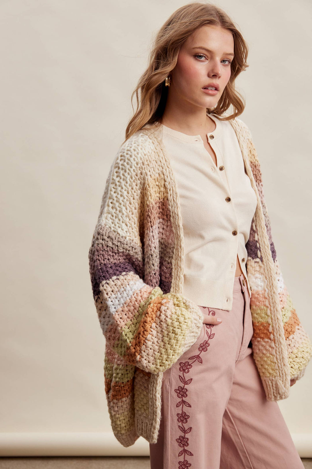 Creamy Striped Crochet Cardigan