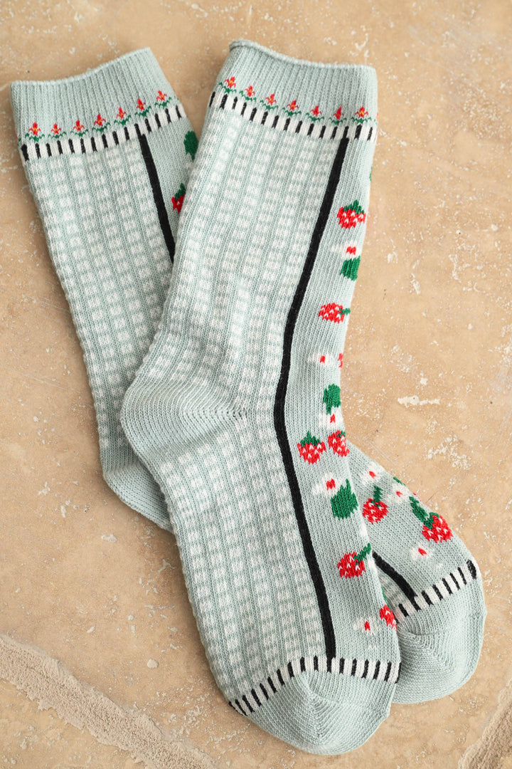 Sage green crew socks with strawberries