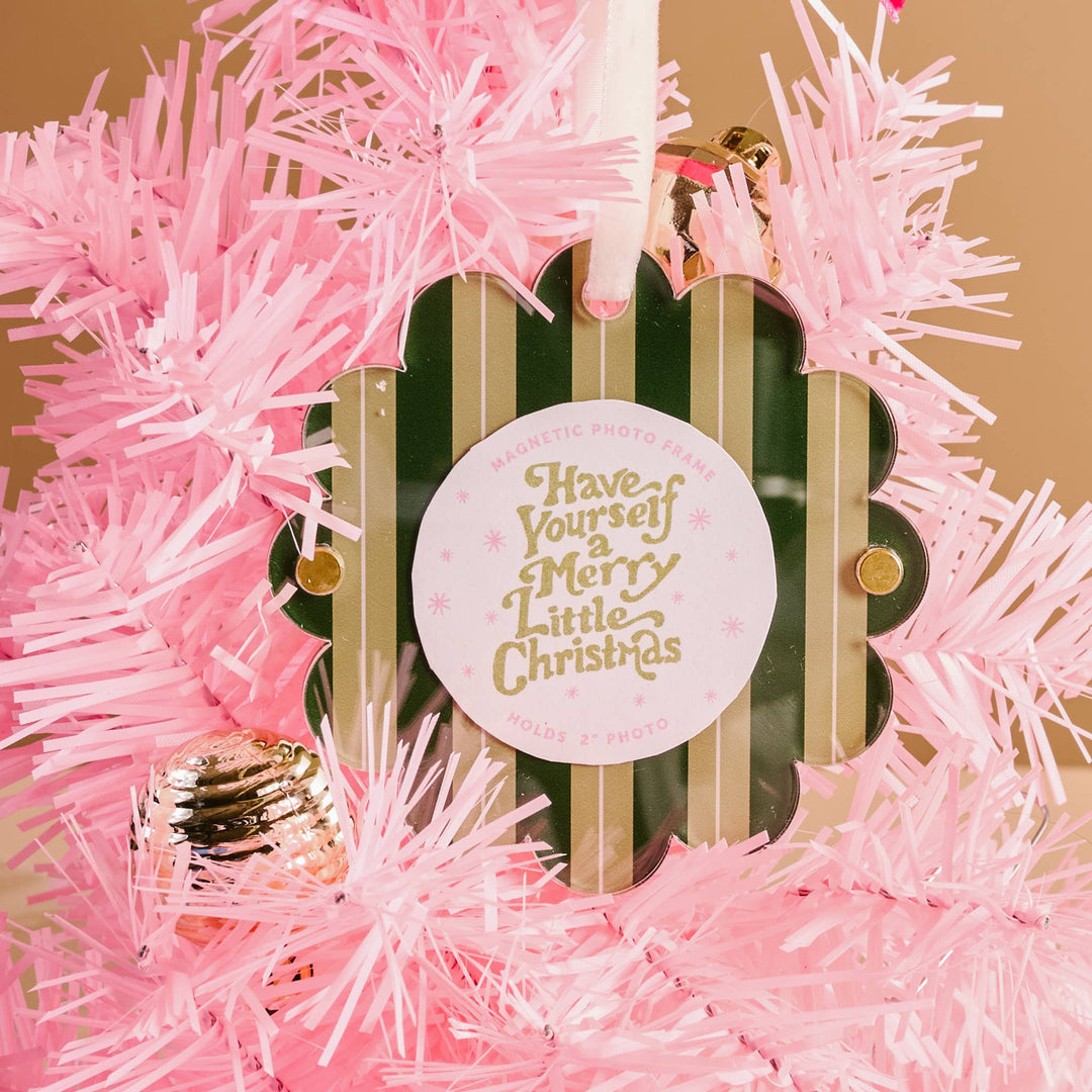 Scalloped Round Photo Frame Ornament-Evergreen Stripes