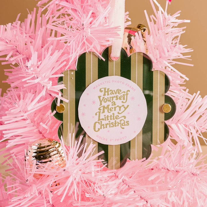 Scalloped Round Photo Frame Ornament-Evergreen Stripes